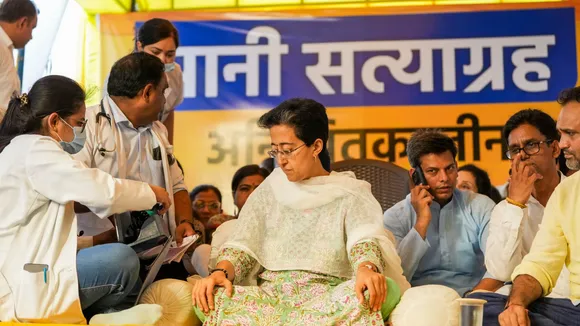 Officials examine Delhi Minister Atishi during her indefinite hunger strike at Bhogal over the ongoing water crisis in the national capital, in New Delhi, Monday, June 24, 2024.