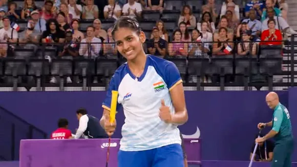 Indian para-badminton player Manisha Ramadass during her women's singles SU5 badminton event match at the Paralympics 2024, in France. Ramadass won the bronze medal in the event.