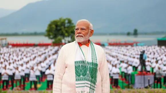 Prime Minister Narendra Modi addresses the gathering during celebration on the 10th International Day of Yoga, in Srinagar, Friday, June 21, 2024.