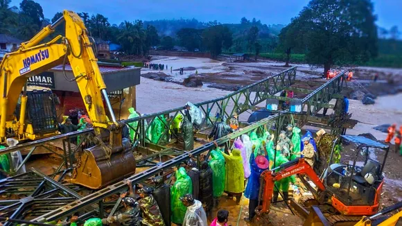 Reconstruction of Bailey bridge underway, that connects Mundakkai and Chooralmala and was washed away in the landslides triggered by heavy rain in the hilly areas of Wayanad district, Wednesday, July 31, 2024.