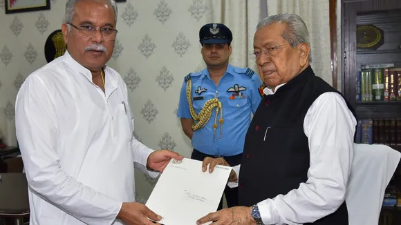 Chhattisgarh Governor Biswabhusan Harichandan receives Congress leader Bhupesh Baghel's resignation as the state chief minister, at Raj Bhavan, in Raipur on Sunday, Dec. 3, 2023