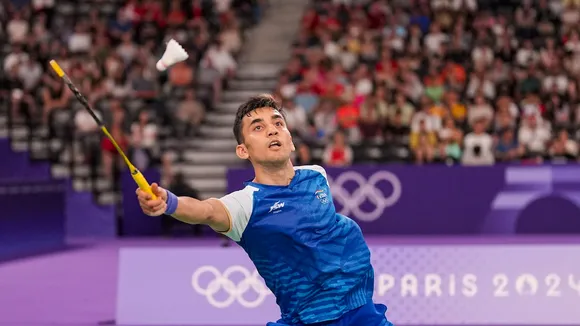 Lakshya Sen plays a shot during the men's badminton singles quarterfinal match against Chinese Taipei's Chou Tien Chen at the 2024 Summer Olympics, in Paris, France, Friday, Aug. 2, 2024.