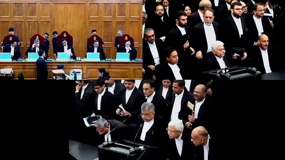 The five-judge bench during pronouncement of verdict on a batch of petitions challenging the abrogation of Article 370 of the Constitution
