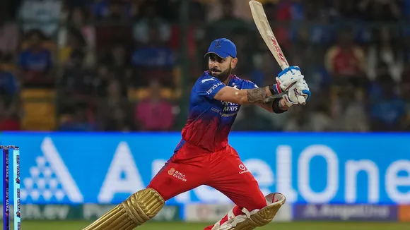 Virat Kohli plays a shot during the IPL 2024 T20 cricket match against Punjab Kings at M Chinnaswamy Stadium, in Bengaluru, Monday, March 25, 2024.