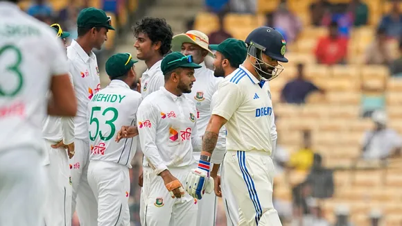 India's Virat Kohli walks towards the pavilion after being dismissed by Bangladesh's Hasan Mahmud during the first test cricket match of a series between India and Bangladesh, in Chennai, Thursday, Sept. 19, 2024.