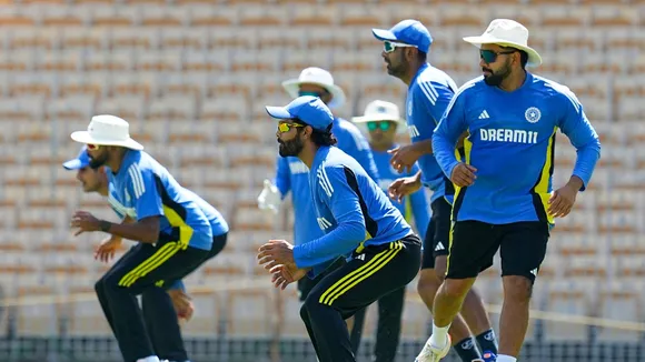 Indian cricket team captain Rohit Sharma with teammate Ravindra Jadeja during a training session ahead of the first Test match against Bangladesh, at MA Chidambaram Stadium, in Chennai, Monday, Sept. 16, 2024.