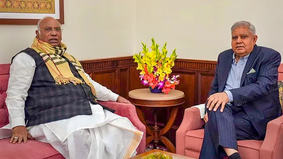 Vice-President and Chairman, Rajya Sabha, Jagdeep Dhankhar and the Leader of Opposition (Rajya Sabha) Mallikarjun Kharge during a meeting, at Parliament House in New Delhi