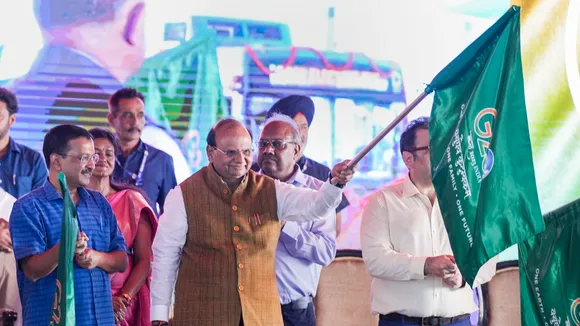Delhi Lt. Governor VK Saxena and Chief Minister Arvind Kejriwal flag off 400 new electric buses during a ceremony at IP Depot, in New Delhi