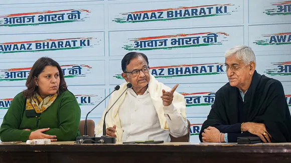 Congress leaders P. Chidambaram , T.S. Singh Deo and Supriya Shrinate address a press conference at AICC headquarters, in New Delhi