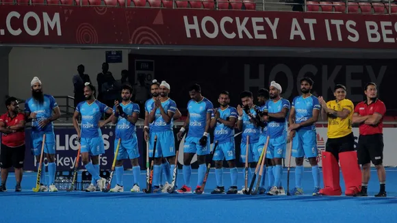 Indian players watch goalkeeper P R Shreejesh save a goal in the shootout against Netherlands in the FIH Hockey PRO League.