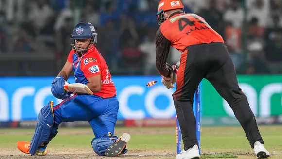 Delhi Capitals batter P Garg misses the ball during the IPL 2023 cricket match against Sunrisers Hyderabad on April 29