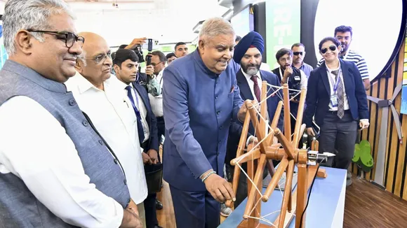 Vice-President Jagdeep Dhankhar visits an exhibition during the 4th Global Renewable Energy Investor's Meet (RE-INVEST) 2024 at Mahatma Mandir, in Gandhinagar, Wednesday, Sept. 18, 2024
