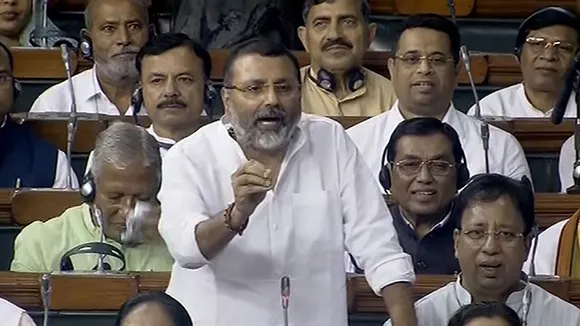 BJP MP Nishikant Dubey debates on no-confidence motion in the Lok Sabha during the Monsoon session of Parliament, in New Delhi