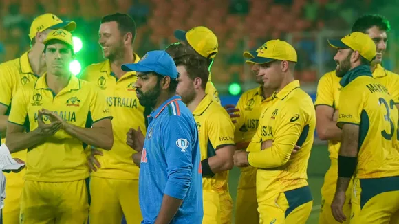 Rohit Sharma and Australian players during the presentation ceremony of the ICC Men’s Cricket World Cup 2023 at the Narendra Modi Stadium, in Ahmedabad, Sunday, Nov. 19, 2023.