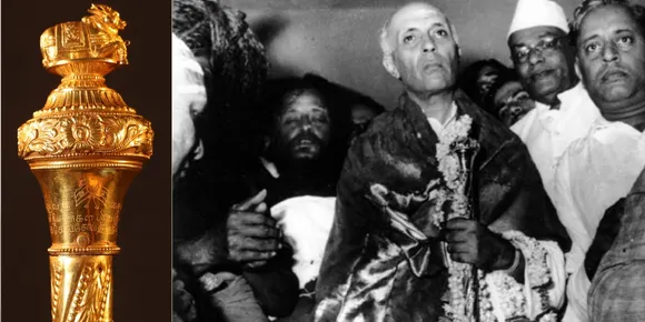 Jawahar Lal Nehru accepting Sengol in the presence of Dr Rajendra Prasad