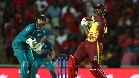 West Indies' Sherfane Rutherford bats during the men's T20 World Cup cricket match between the West Indies and New Zealand