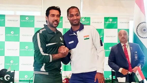 India's Ramkumar Ramanathan and Pakistan's Aisam-ul-Haq Qureshi ahead of their Davis Cup match, at Islamabad Sports Complex