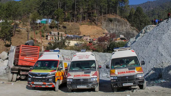 Ambulances with medical equipments reach the site after rescue operations to evacuate the 41 workers trapped in the under-construction tunnel