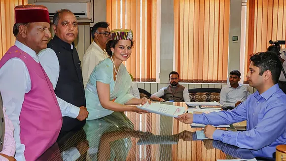 BJP candidate from Mandi constituency Kangana Ranaut files her nomination papers for Lok Sabha elections, in the presence of party leader Jairam Thakur, in Mandi, Himachal Pradesh