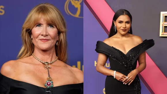 Laura Dern (L) wearing Sabyasachi jewellery; Mindy Kaling (R) wore a black Gaurav Gupta gown