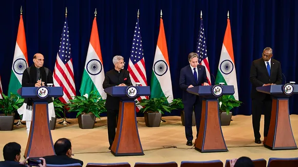 In this Tuesday, April 12, 2022, file photo, Defence Minister Rajnath Singh, External Affairs Minister S. Jaishankar, U.S. Secretary of State Antony Blinken and U.S. Defense Secretary Lloyd Austin (right)