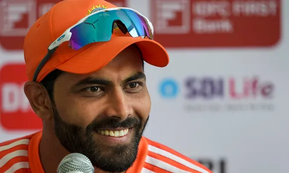 India's Ravindra Jadeja interacts with the media ahead of the third Test match between India and England, at Saurashtra Cricket Association Stadium, in Rajkot