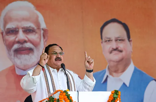 BJP National President JP Nadda addresses a public meeting during Maha Jan Sampark Abhiyan, at Jassur, in Kangra district