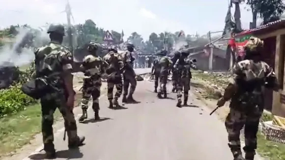 Security personnel during a protest at Nandigram, in Purba Medinipur district, Thursday, May 23, 2024