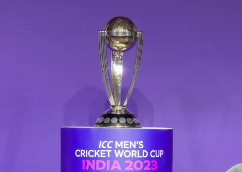 The ICC Men's Cricket World Cup 2023 trophy unveiled during the announcement of match schedule, in Mumbai