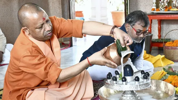 Uttar Pradesh Chief Minister Yogi Adityanath performs 'rudrabhishek' on the Mahashivratri festival, at Gorakhpur Temple in Gorakhpur