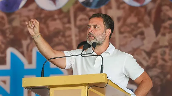 Congress leader Rahul Gandhi addresses a public meeting during the 'Bharat Jodo Nyay Yatra'