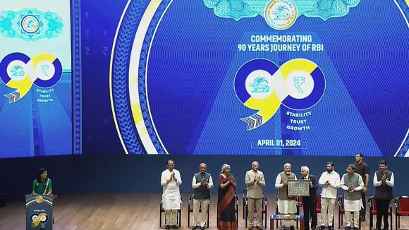 Prime Minister Narendra Modi being presented a memento by RBI Governor Shaktikanta Das during a ceremony marking 90 years of the Reserve Bank of India, in Mumbai, Monday, April 1, 2024