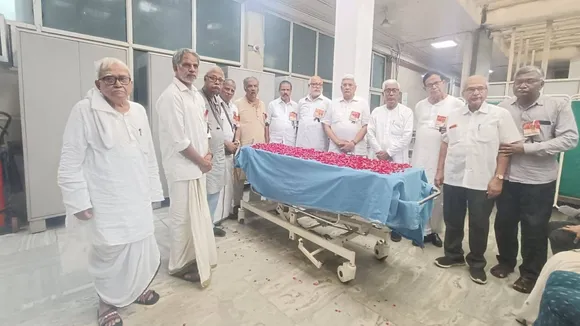 CPI(M) Polit Bureau members bid final farewell to Comrade Sitaram Yechury ahead of the donation of his body for research at AIIMS, in New Delhi.