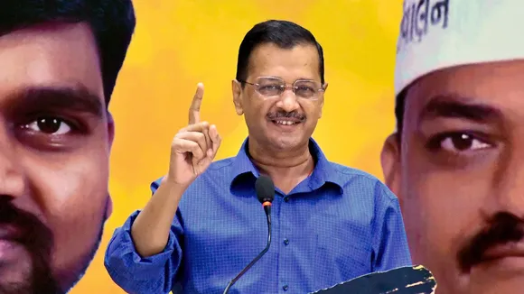 Delhi Chief Minister Arvind Kejriwal speaks during a public meeting, ahead of the Lok Sabha elections, in Vadodara