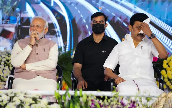 Prime Minister Narendra Modi with Tamil Nadu Chief Minister MK Stalin at the foundation stone laying ceremony and inauguraton of various projects in Chennai on April 8