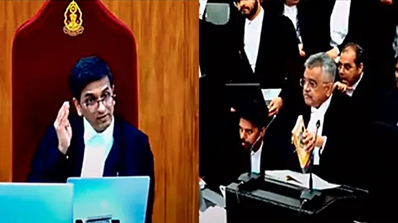 Chief Justice of India D.Y. Chandrachud (L) reacts during hearing on the Electoral Bonds case, in New Delhi