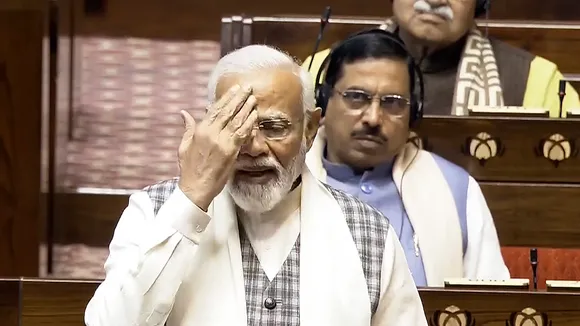 Narendra Modi speaks in the Rajya Sabha during the Budget session of Parliament, in New Delhi, Wednesday, Feb. 7, 2024.