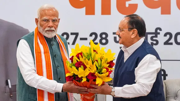 Prime Minister Narendra Modi being felicitated by Union Minister and BJP National President JP Nadda during a meeting with Chief Ministers of the NDA-ruled states, at BJP headquarters, in New Delhi, Saturday, July 27, 2024.