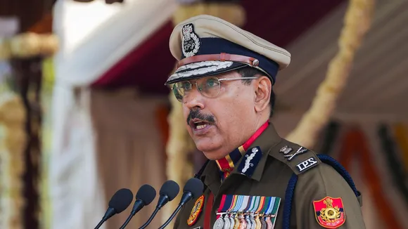 Delhi Police Commissioner Sanjay Arora speaks during the 77th Raising Day parade of the force, at the New Police Lines in New Delhi