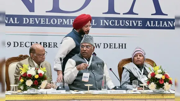 Congress President Mallikarjun Kharge with NCP MP Sharad Pawar and RJD chief Lalu Prasad Yadav during the INDIA alliance meeting, in New Delhi
