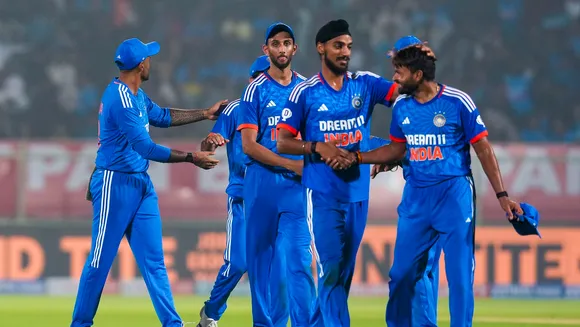 Indian players after the end of the first innings during the first T20 International cricket match of a T20I series between India and Australia
