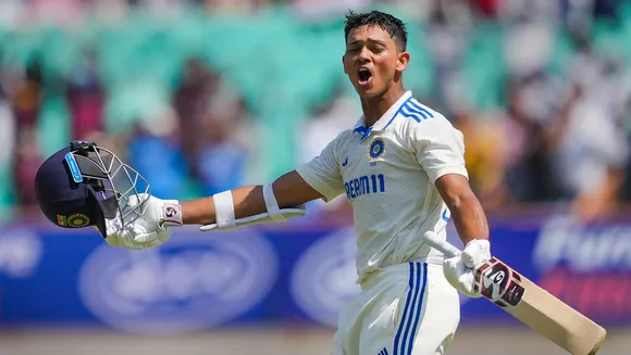 India's Yashasvi Jaiswal celebeates scoring 200 runs during the 4th day of the 3rd cricket Test match between India and England, at Niranjan Shah Stadium, in Rajkot