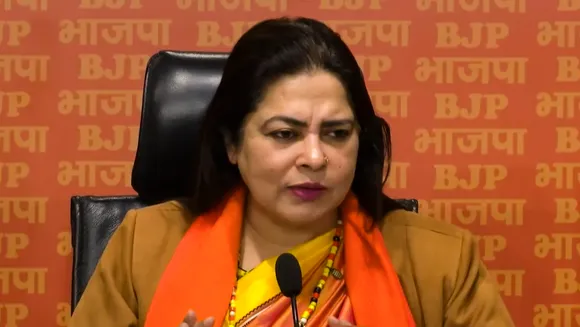 Union Minister Meenakshi Lekhi addresses a press conference at BJP headquarters in New Delhi