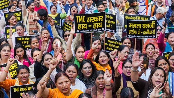 Delhi BJP workers shout slogans during a protest against the West Bengal government over Sandeshkhali issue, in New Delhi, Friday, March 1, 2024.