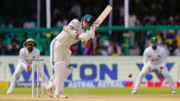 India's batter Yashasvi Jaiswal plays shot during the fourth day of the 2nd Test cricket match between India and Bangladesh, at the Green Park stadium, Kanpur, Monday, Sept. 30, 2024.