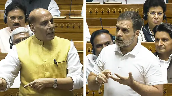 Defence Minister Rajnath Singh replying to Rahul Gandhi in the Lok Sabha during the Monsoon session of Parliament, in New Delhi, Monday, July 29, 2024.
