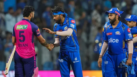 Rajasthan Royals (RR) player Riyan Parag shakes hand with Mumbai Indians (MI) player after RR won the Indian Premier League (IPL) 2024 cricket match over MI, at Wankhede Stadium