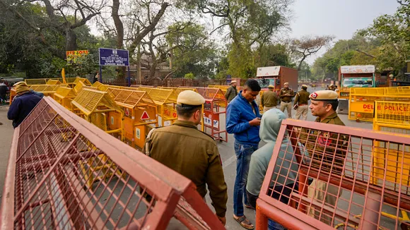 Police personnel on alert at Red Fort in the view of farmers's Delhi Chalo march, in Delhi