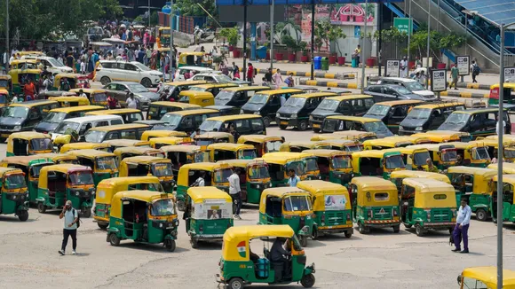 Taxis and auto rickshaws stand parked outside New Delhi Railway Station during a 2-day strike called by auto and taxi driver unions to protest against the app-based cab services, in New Delhi, Thursday, Aug. 22, 2024.