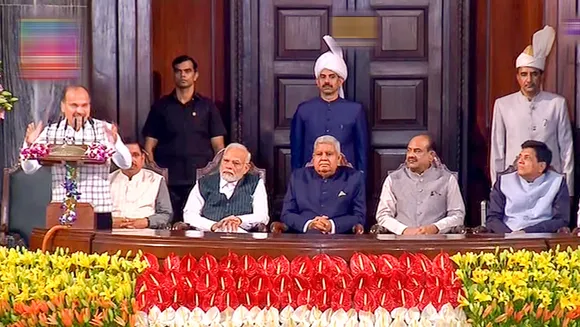 Congress MP Adhir Ranjan Chowdhury speaks during an event organised in the Central Hall of Parliament on the occasion of the shifting of Parliament to the new building, in New Delhi